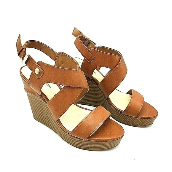 Marc Fisher Leather Platform Wedge Sandals Cognac Brown Women’s Size 9.5 - Picture 1 of 9
